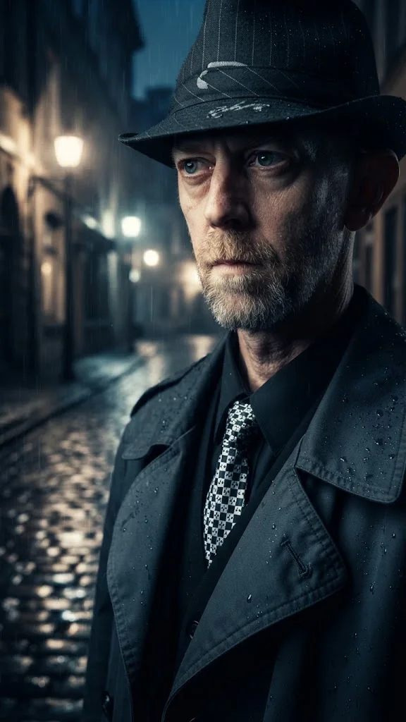 A moody portrait of the artist wearing a black fedora and a checkered tie under a dark trench coat, standing on a rain-slicked cobblestone street at night with warm string lights glowing behind him.