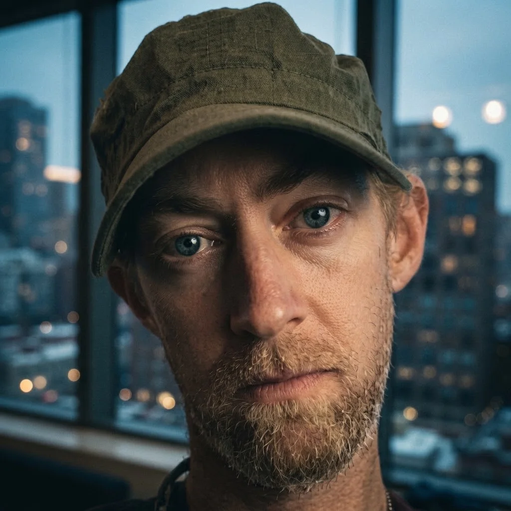 A close-up portrait of the artist wearing an olive cap, looking directly at the camera with a blurred city skyline at dusk behind him.